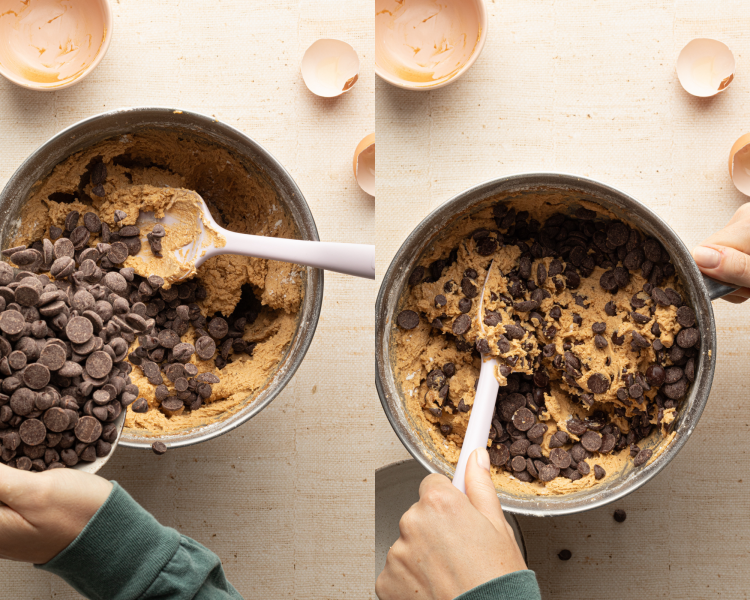 Side-by-side of folding in dark chocolate chips to cookie dough.