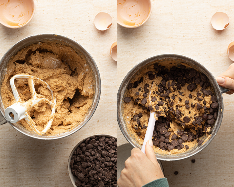 Side-by-side image of adding all the ingredients together and mixing until combined.