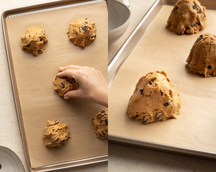 Side-by-side image of grabbing six mounds of cookie dough and placing on parchment-lined baking tray.