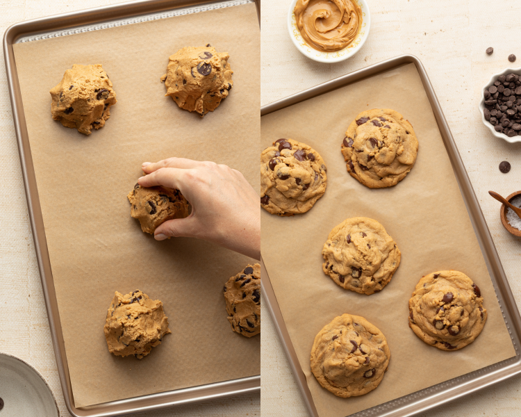 Side-by-side image of placing six mounds of cookie dough on baking tray and baking for 8-10 minutes.