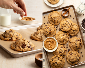 Side-by-side image of garnishing baked cookies with flaky sea salt.