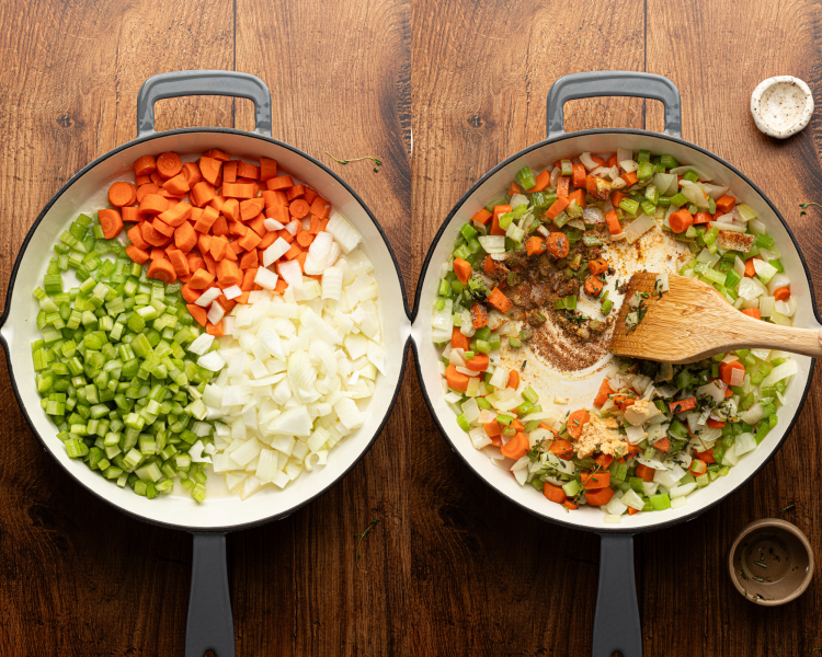 Side-by-side image of cooking vegetables for pot pie orzo.