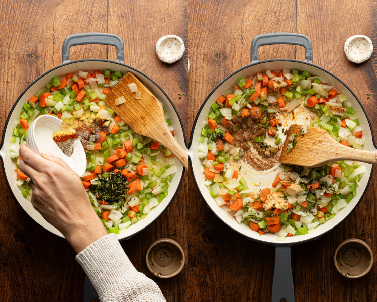 Side-by-side image of adding seasonings to veggies cooked in a large skillet.