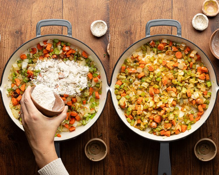 Side-by-side image of adding flour to make the roux for pot pie orzo.