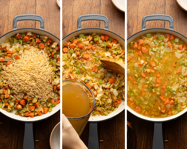 Three images showing adding the uncooked orzo and chicken broth to skillet and letting it simmer until orzo is cooked.