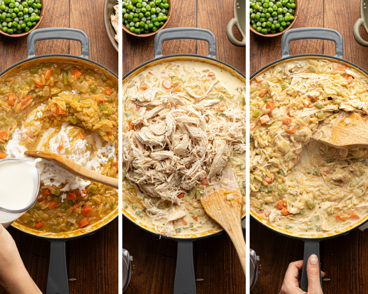 Three images showing adding the heavy cream and chicken to skillet and letting it cook for a few minutes until warmed through.