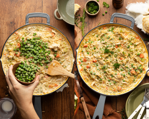 Side-by-side image of adding the frozen peas to chicken pie orzo then garnishing with fresh parsley to finish.