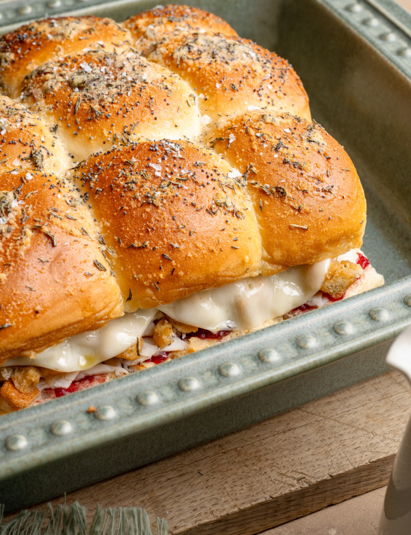 Thanksgiving sliders in 9x13 baking dish.