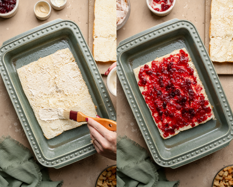 Side-by-side showing adding the mayo and dijon mustard layer then adding the cranberry sauce to bottom rolls.
