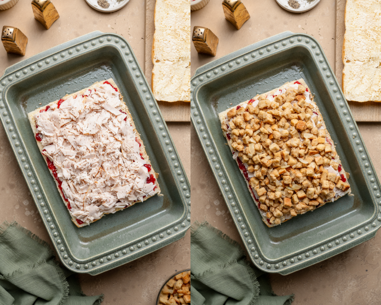Side-by-side of adding both the turkey and stuffing layer.