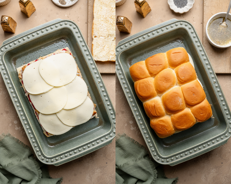 Side-by-side of adding the cheese slices then topping with the top half of the rolls.