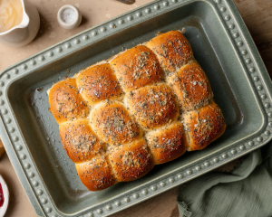 Thanksgiving sliders in 9x13 casserole dish after baking for ~20 minutes.