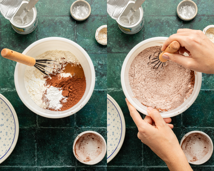Side-by-side image of whisking the dry ingredients together for andes cookies.