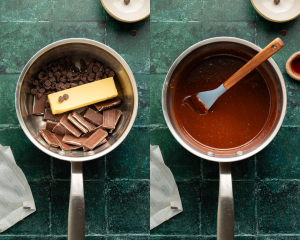 Side-by-side image of meting the butter and chocolate in small saucepan.