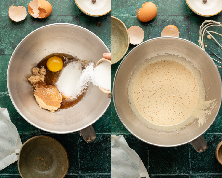 Side-by-side image of whisking the eggs and sugars together in mixing bowl.