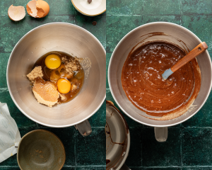 Side-by-side image of mixing the wet ingredients together.