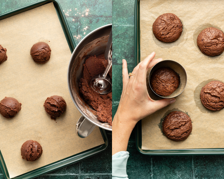 Side-by-side image of scooping cookie dough onto prepared baking sheet then baking for 8-10 minutes, then using a cookie cutter to cookie scoot baked cookies.