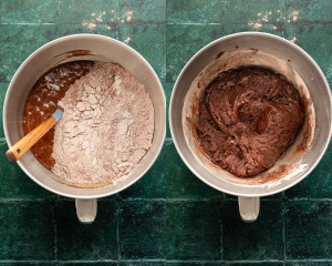 Side-by-side image of adding dry ingredients to wet ingredients and creating dough.