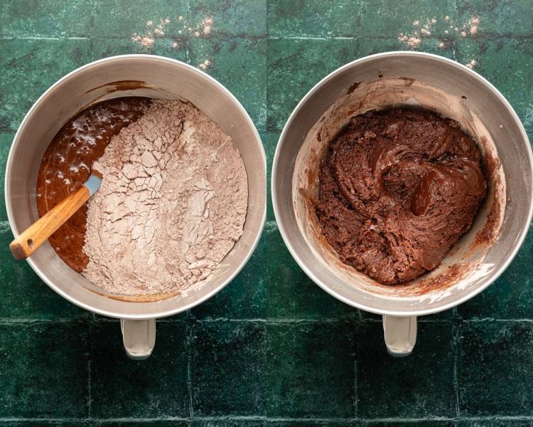 Side-by-side image of adding dry ingredients to wet ingredients and creating dough.