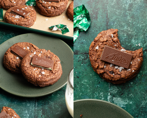 Side-by-side image of baked andes mint cookies topped with andes mint and flaky sea salt.