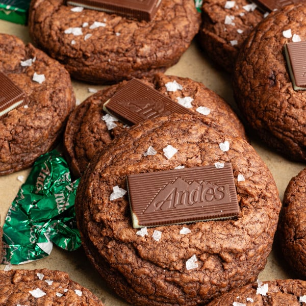 Andes mint cookies topped with andes mint bar.