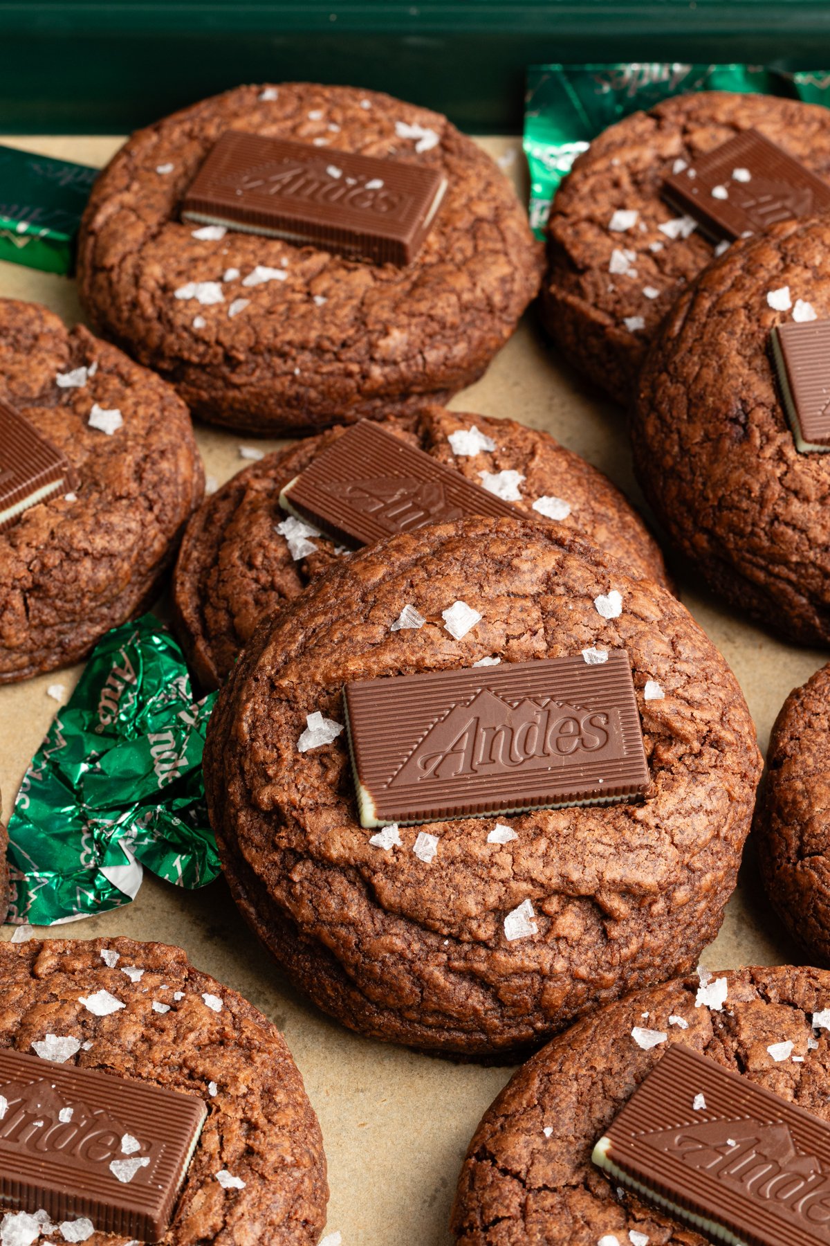 Andes mint cookies topped with andes mint bar.