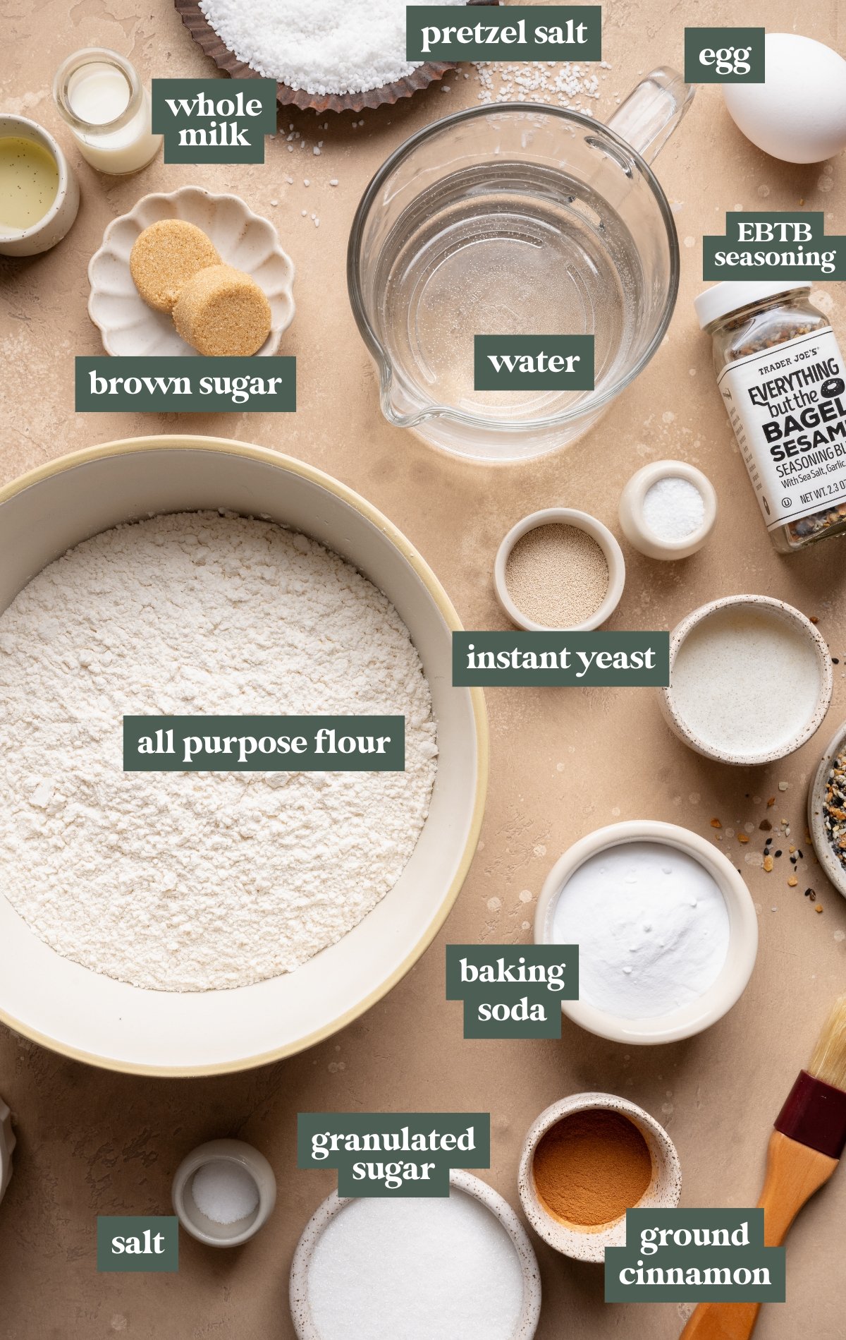 Overhead flat lay of pretzel bite ingredients on a neutral countertop, including all-purpose flour, instant yeast, water, whole milk, brown sugar, granulated sugar, baking soda, salt, egg, pretzel salt, and everything bagel seasoning, each labeled.