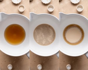 Overhead step-by-step collage showing warm water and sugar in a mixing bowl, yeast sprinkled on top, and yeast blooming until foamy for pretzel dough.