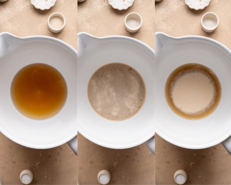 Overhead step-by-step collage showing warm water and sugar in a mixing bowl, yeast sprinkled on top, and yeast blooming until foamy for pretzel dough.