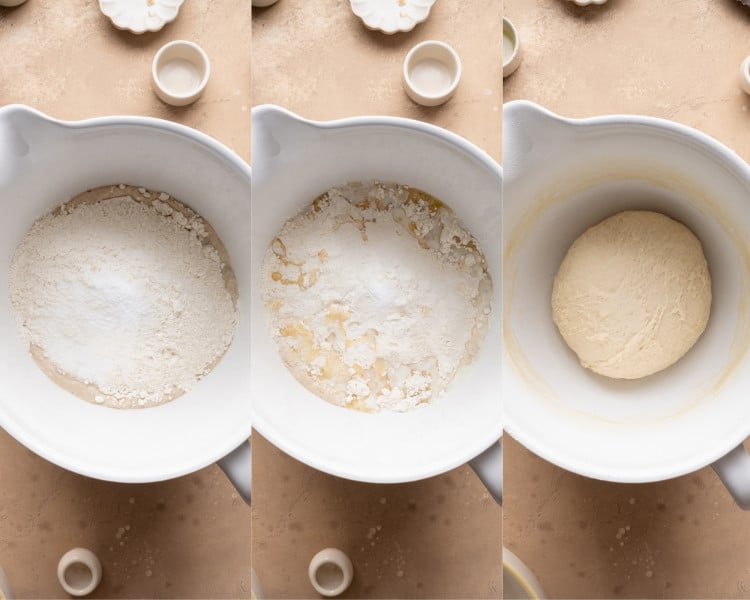 Overhead collage showing flour added to the yeast mixture and mixed until a soft pretzel dough forms in a white mixing bowl.