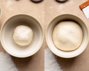 Side-by-side overhead image of pretzel dough before and after rising, showing dough doubled in size in a greased bowl.