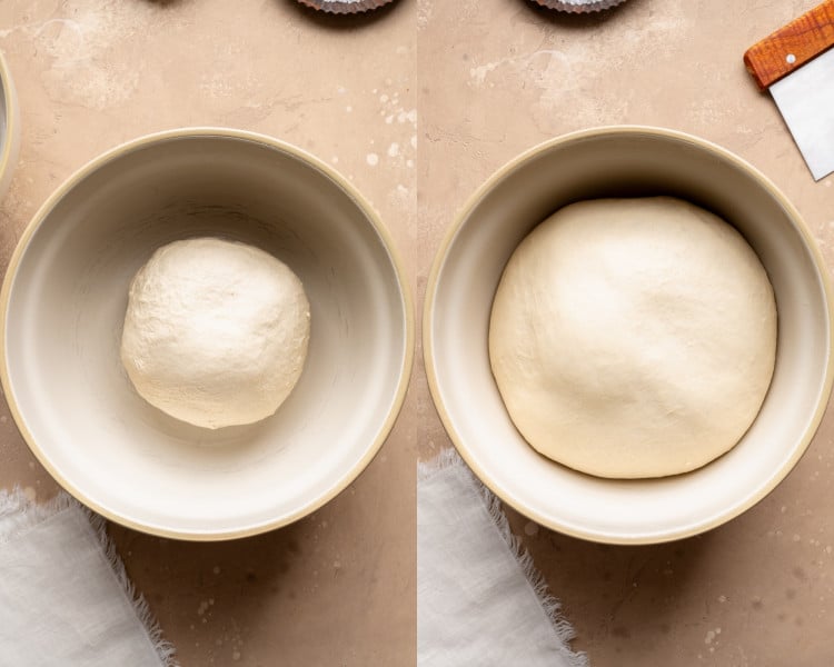 Side-by-side overhead image of pretzel dough before and after rising, showing dough doubled in size in a greased bowl.