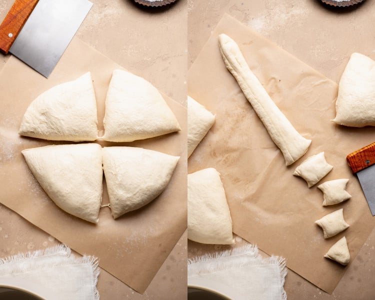 Overhead view of pretzel dough divided into four portions, rolled into a log, and cut into bite-size pieces using a bench scraper.
