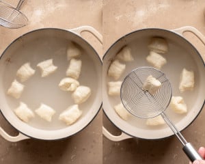 Overhead collage showing pretzel dough bites boiling briefly in a baking soda bath and being removed with a slotted spoon.