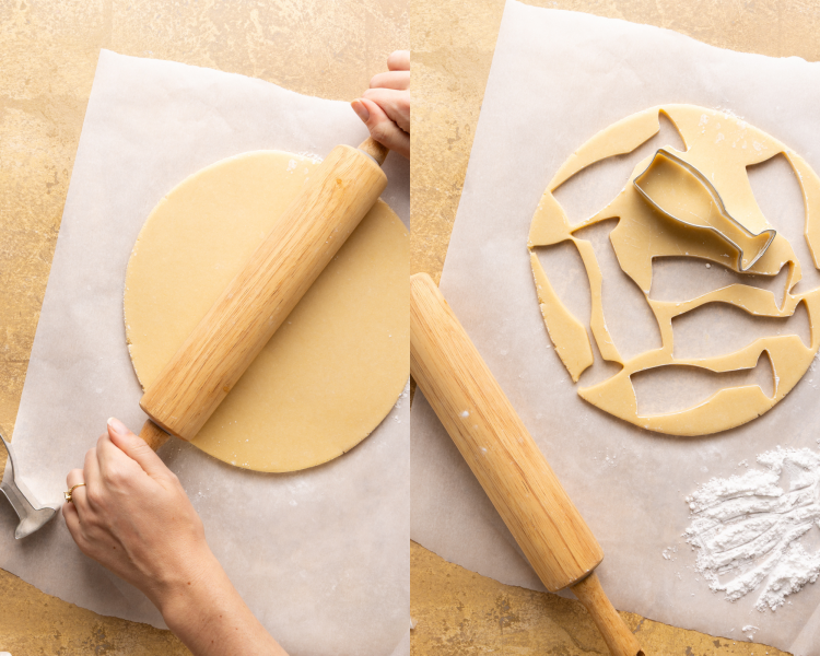 Side-by-side image of rolling and cutting out sugar cookie dough with a champagne cookie cutter.