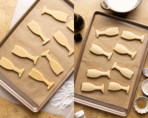 Side-by-side image of baking champagne cookies on baking tray.