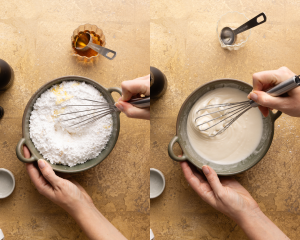 Side-by-side image of whisking ingredients together for champagne icing.
