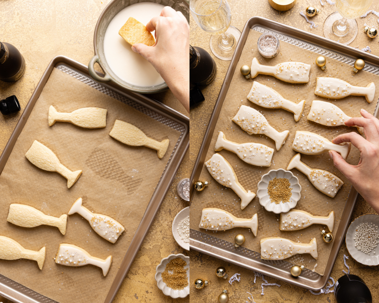 Side-by-side photo of dipping champagne sugar cookies in icing then decorating with sprinkles.