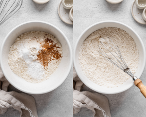 Side-by-side image of whisking all the dry ingredients together in a medium-sized mixing bowl.
