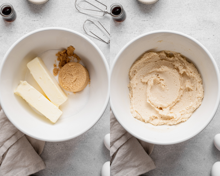 Side-by-side image of beating the butter and sugars until light and fluffy.