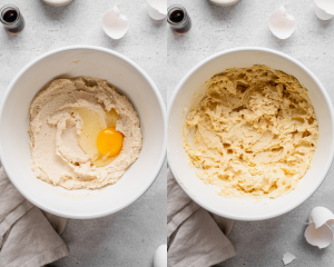 Side-by-side image of adding the eggs one at a time to the butter and sugar combination and mixing until combined.