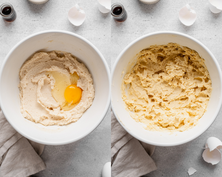 Side-by-side image of adding the eggs one at a time to the butter and sugar combination and mixing until combined.