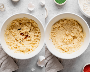 Side-by-side image of adding the vanilla bean paste to the wet ingredients and mixing until combined.