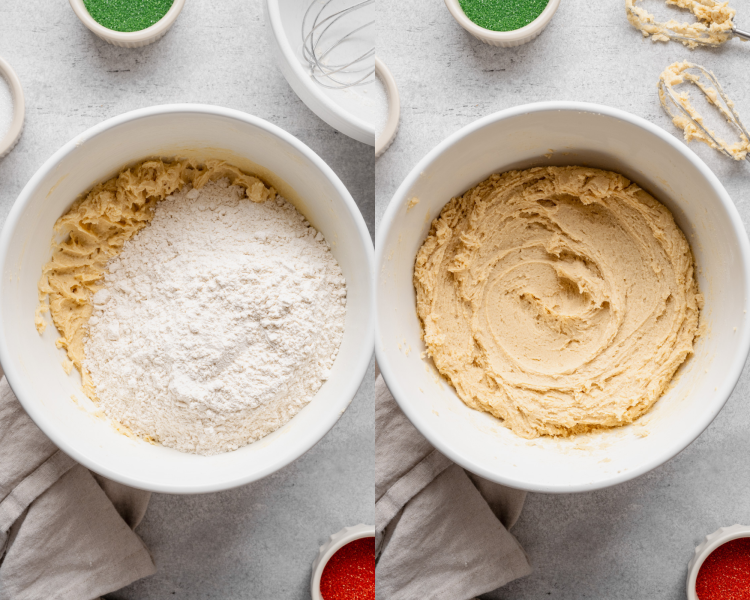 Side-by-side image of adding the dry ingredients to the wet ingredients and mixing until dough forms.