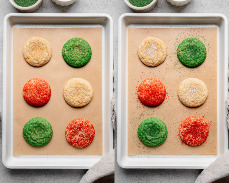 Side-by-side image of baking Christmas Snickerdoodles on baking tray then sprinkling with extra sugar after removing from oven.
