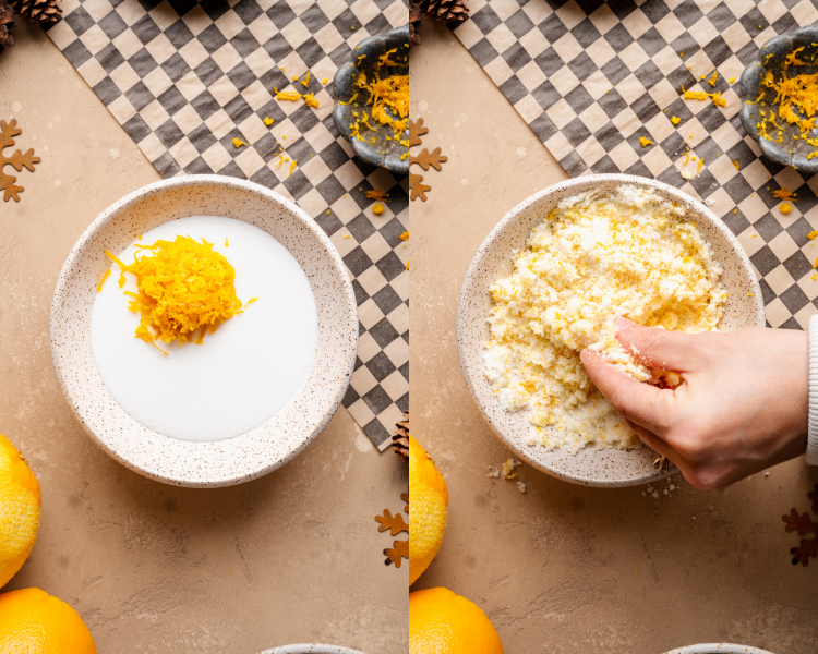 Side-by-side image of mixing the sugar and orange zest in between fingers to infuse the sugar.