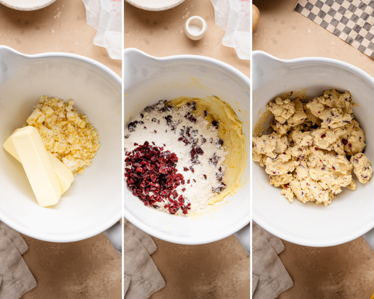 Three side-by-side images showing mixing all the ingredients together to form the cookie dough.