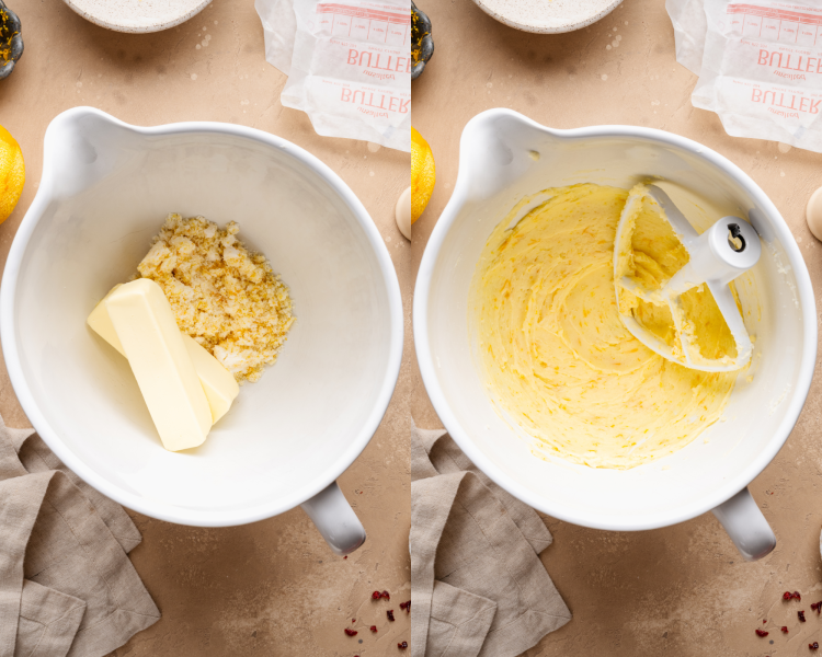Side-by-side image of beating the butter and sugars together in a stand mixer.