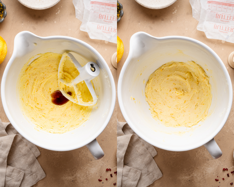 Side-by-side image of adding the vanilla and mixing until combined.