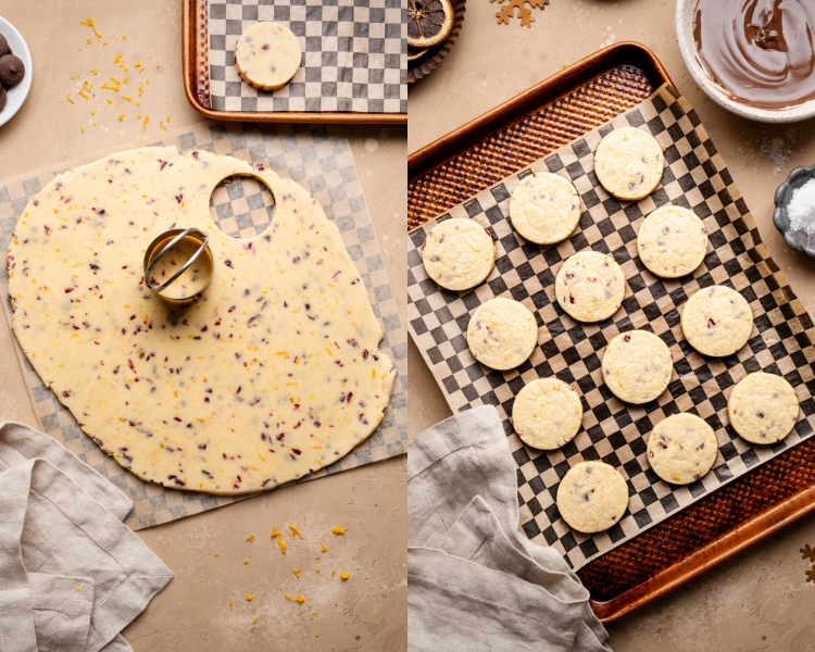 Side-by-side image of cutting shortbread cookies out then placing on parchment-lined tray.